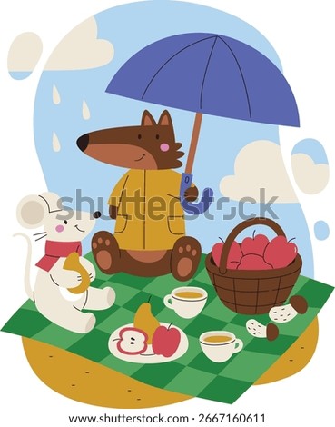 A wolf and mouse enjoy a picnic with apples and tea in a cartoon style. The wolf holds an umbrella while sitting on a checkered blanket with a basket of fruit. Cartoon vector illustration.