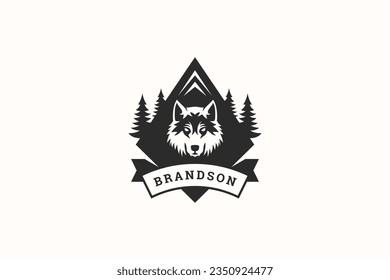 Wolf muzzle with forest nature travel expedition hunting retro logo design template vector flat illustration. Wild carnivorous animal head coyote dog with spruce monochrome minimal geometric emblem
