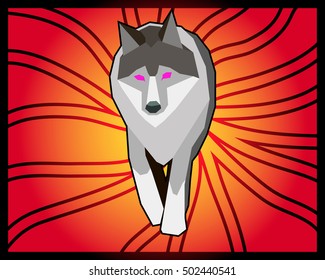Wolf with neon pink eyes walking forward vector image with red shattered background and centered yellow glow with black frame
