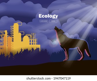 A wolf next to an industrial enterprise against a cloudy sky. Vector banner
