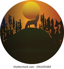 wolf in the night forest calling his group. nature vector illustration 