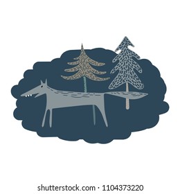 Wolf in the night forest. Cartoon character. Vector illustration. 