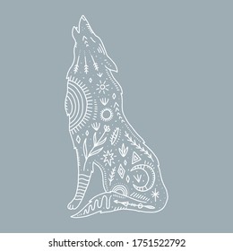 Wolf and night landscape inside, double exposure. Wildlife concept. Boho tattoo art, fantasy ethnic style. Ornate animal. Vector illustration.