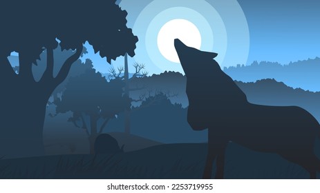wolf at night with moon. life in the forest at night