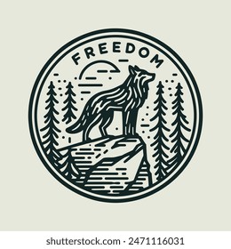 wolf in the night woods line art, freedom retro logo design