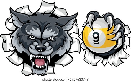 Wolf nine ball pool billiards sports mascot holding a 9 ball cartoon illustration
