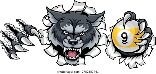Wolf nine ball pool billiards sports mascot holding a 9 ball cartoon illustration
