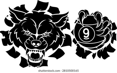 Wolf nine ball pool billiards sports mascot holding a 9 ball cartoon illustration
