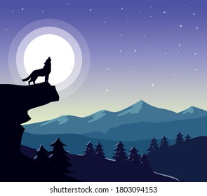 Wolf on the background of the moon, vectoe landscape