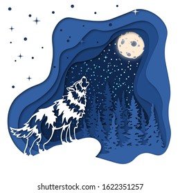 Wolf on the background of the winter forest, howling at the moon in the snow. For decoration and design. Template for laser cutting and Plotter. Vector illustration. Pattern for the laser cut, serigra