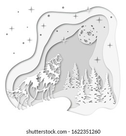 Wolf on the background of the winter forest, howling at the moon in the snow. For decoration and design. Template for laser cutting and Plotter. Vector illustration. Pattern for the laser cut, serigra