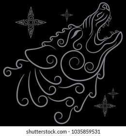 Wolf on celtic style, howling wolf in Celtic ornament, isolated on black, vector illustration