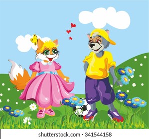 wolf on a field of flowers, field of flowers, picking flowers, gift for girls, wolf hat, blue flowers, shy, sporty, children, Fox, little Fox, love, green grass, bright