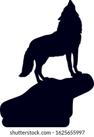 Wolf on a hill with his head raised, howling, silhouette on a white background, close up, vector