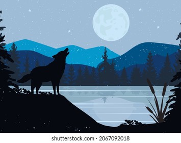 the wolf on the hill howls at the full moon. mountain landscape with water. Vector graphics. format eps. blue landscape	