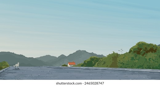 Wolf on local road through the valley at countryside in the morning flat design graphic illustrated have blank space.