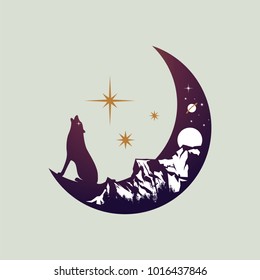 wolf on moon and mountain landscape double exposure, space view, fantasy  style. Vector illustrations