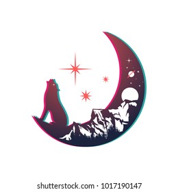 wolf on moon and night mountain landscape, double exposure, space view, glitch art, fantasy  style. Vector illustrations