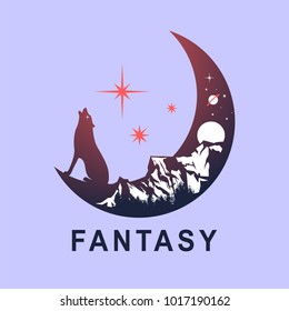 wolf on moon and night mountain landscape, double exposure, space view, fantasy style, fantasy  inscription. Vector illustrations