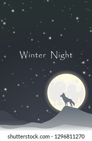 Wolf on mountain landscape at night sky among the star with full moon in winter season vector for decoration on advertising design.