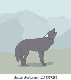 wolf on nature background, vector, gray wolf howls to the moon