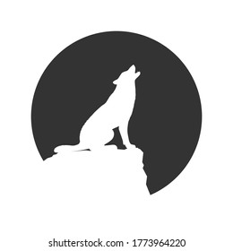 Wolf on the rock graphic icon. Wolf howls at the Moon. Sign in the circle isolated on white background. Vector illustration