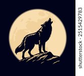 Wolf on a rock howling at the moon. Vector illustration with clear even forms. Mystical silhouette of a wolf for Halloween or scary story. Howling wolf - symbol of mystery, loneliness and despair.