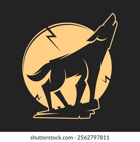 Wolf on a rock howling at the moon. Vector illustration with clear even forms. Mystical silhouette of a wolf for Halloween or scary story. Howling wolf - symbol of mystery, loneliness and despair.