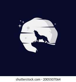 the wolf on the rock howls at the moon in the fog