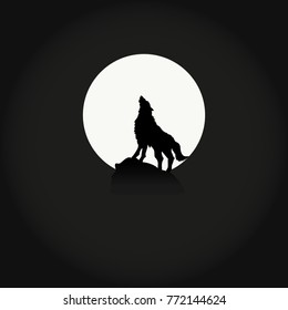 the wolf on the rock howls at the moon in the fog