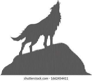 Wolf on top of the rocks vector silhouette in line art on white background.