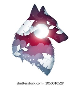 Wolf origami illustration. Cartoon night landscape. Vector eps 10