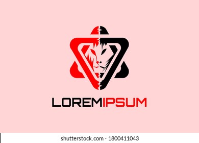 Wolf ornament vector logo in red and black triangular frame.