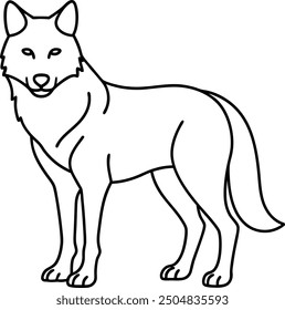 Wolf outline illustration or sketch or line art, howling with its head tilted upward, drawn in a simple and bold style on a white background.