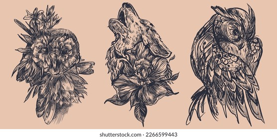 Wolf, owl, flowers, peonies, buds, leaves, branches, wreath,  graphics, strokes, on a beige background, silhouette, lines, in the style of tattoo graphics. t-shirt print graphic design. 