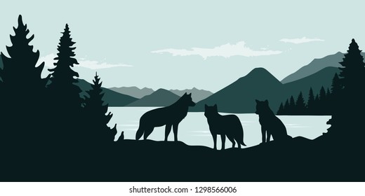 wolf pack by the river green forest wildlife nature landscape vector illustration EPS10