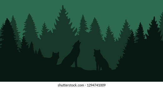 wolf pack in the dark green forest vector illustration EPS10