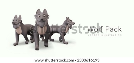 Wolf pack. Group of vector gray wolves in cartoon style. Wild animals together