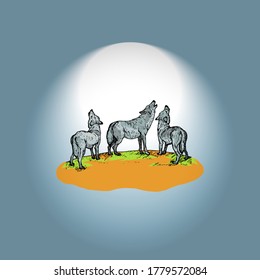 A wolf pack howling against a full moon for Halloween concept. Vector illustration.
