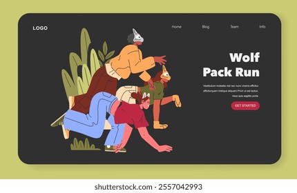 Wolf Pack Run concept. A creative webpage design featuring people crawling playfully with wolf masks. Dynamic group activity in nature. Vector illustration.