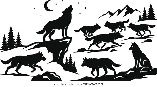 Wolf pack silhouettes with moonlit mountain scene and howling wolf line art.