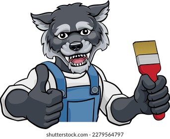 A wolf painter decorator cartoon animal mascot holding a paintbrush peeking around a sign and giving a thumbs up