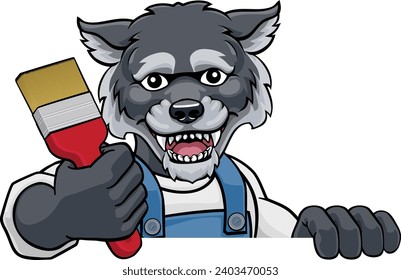 A wolf painter decorator cartoon animal mascot holding a paintbrush peeking around a sign