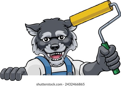 A wolf painter decorator handyman cartoon construction man mascot character holding a paint roller tool