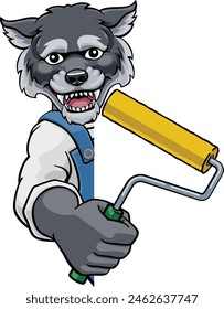 A wolf painter decorator handyman cartoon construction man mascot character holding a paint roller tool