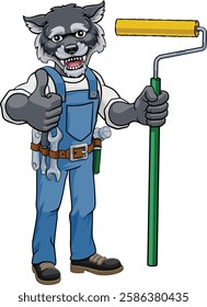 A wolf painter decorator handyman cartoon construction man mascot character holding a paint roller tool