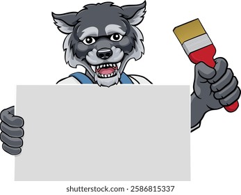 A wolf painter decorator handyman cartoon construction man mascot character holding a paint brush tool