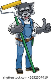 Um pintor lobo decorador handyman desenho animado homem de construção mascote personagem segurando uma ferramenta de rolo de tinta