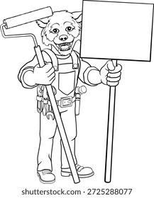 Um pintor lobo decorador handyman desenho animado homem de construção mascote personagem segurando uma ferramenta de rolo de tinta