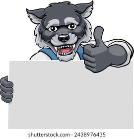 A wolf painter, handyman,  mechanic,  plumber or other construction cartoon mascot man in overall dungarees. Giving a thumbs up.